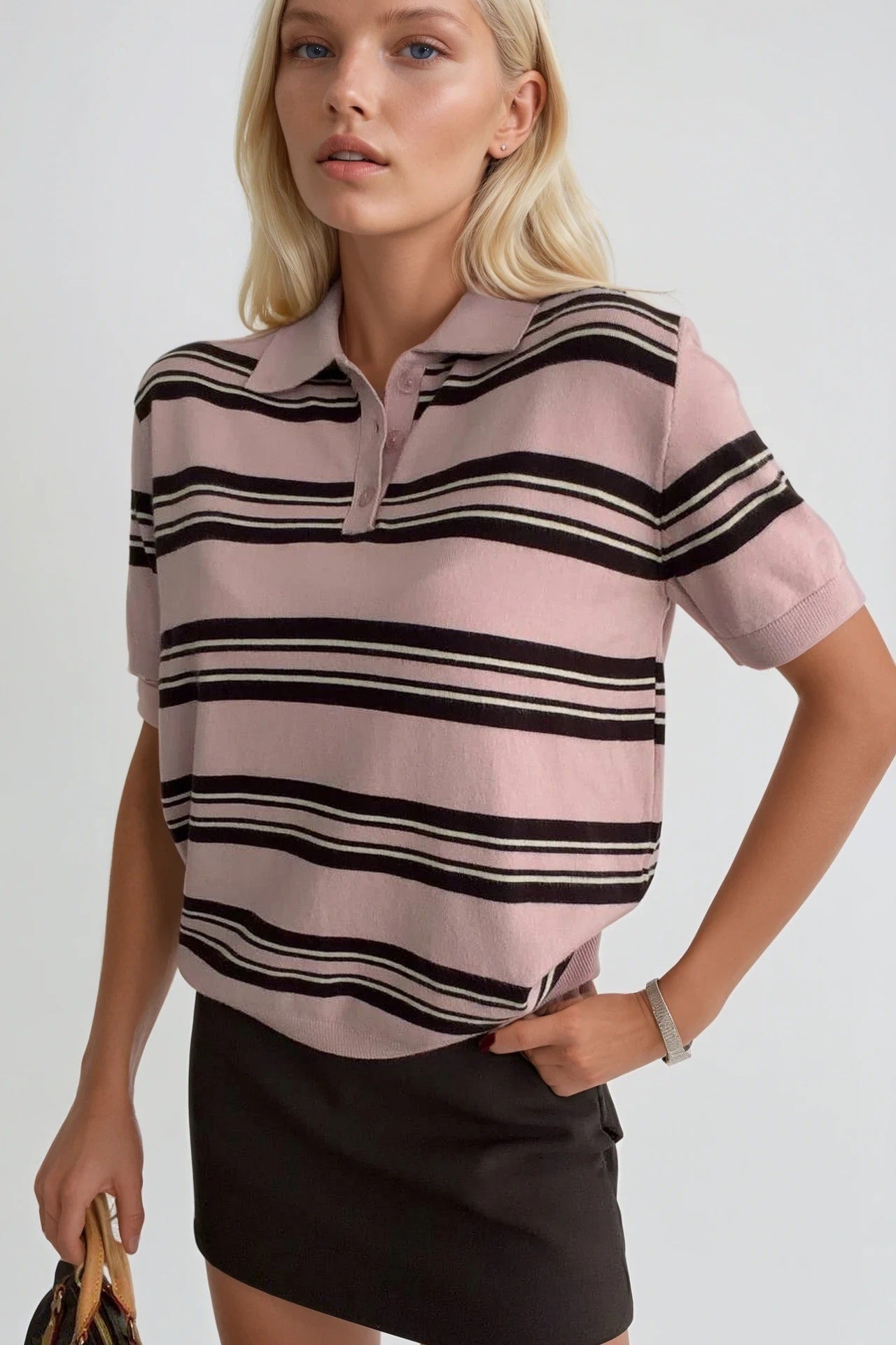 Çizgili Polo Yaka Pembe Triko Bluz