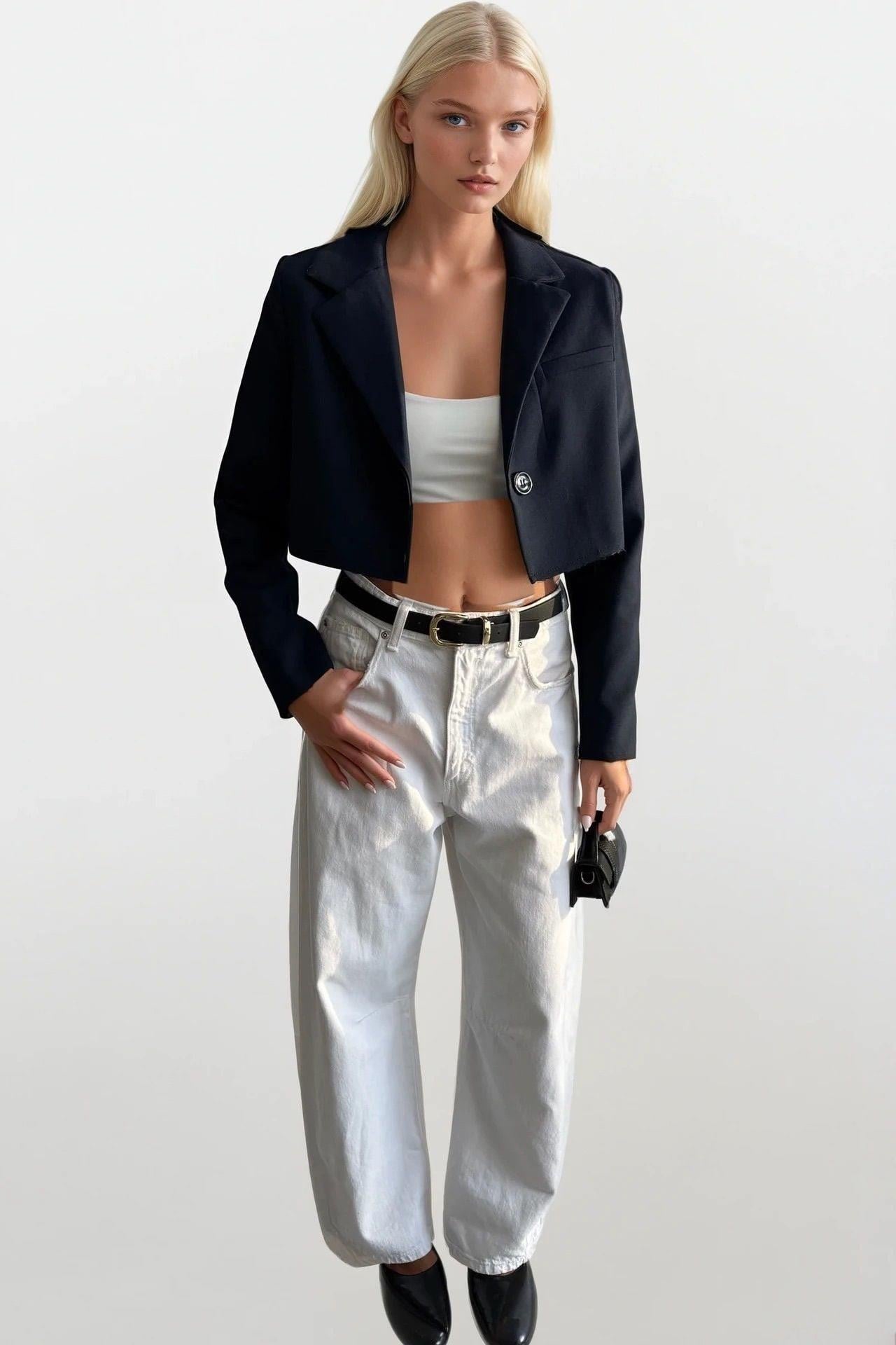 Crop Basic Blazer Lacivert Ceket