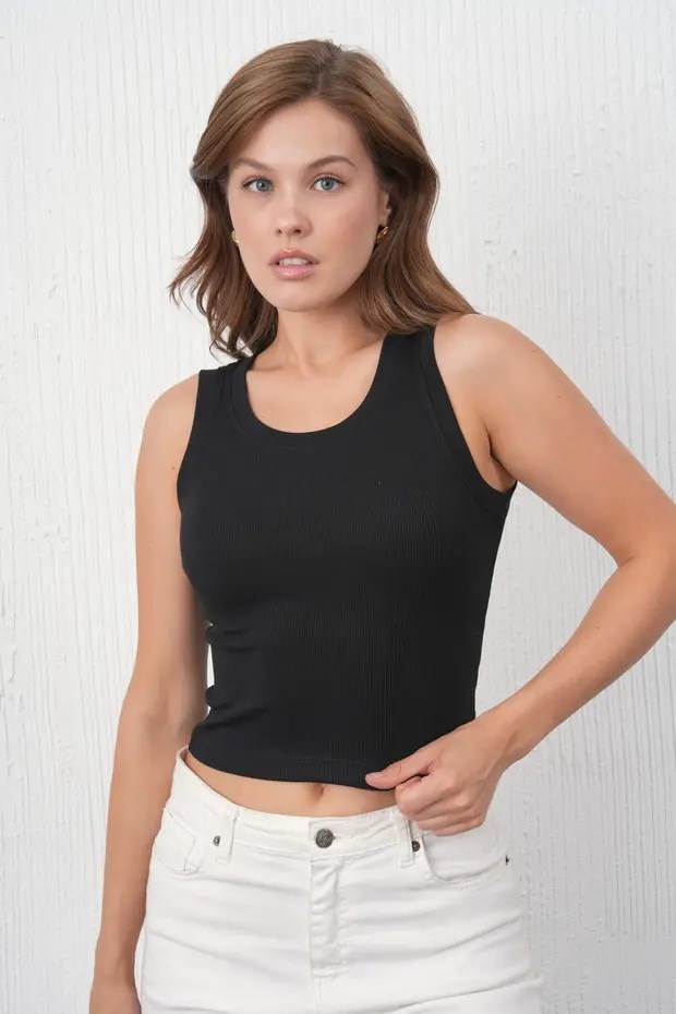 Daisy Kadın Fitilli Görünümlü Kalın Askılı Kısa Basic Siyah Atlet 001