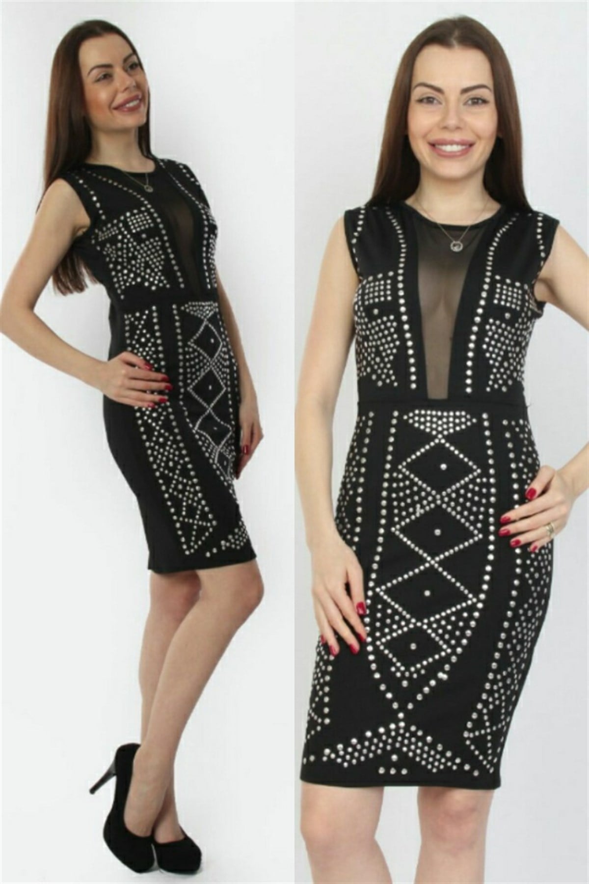 DALGIÇ KUMAŞ ÜZERİ METAL BASKILI MİNİ ELBİSE CHP-054