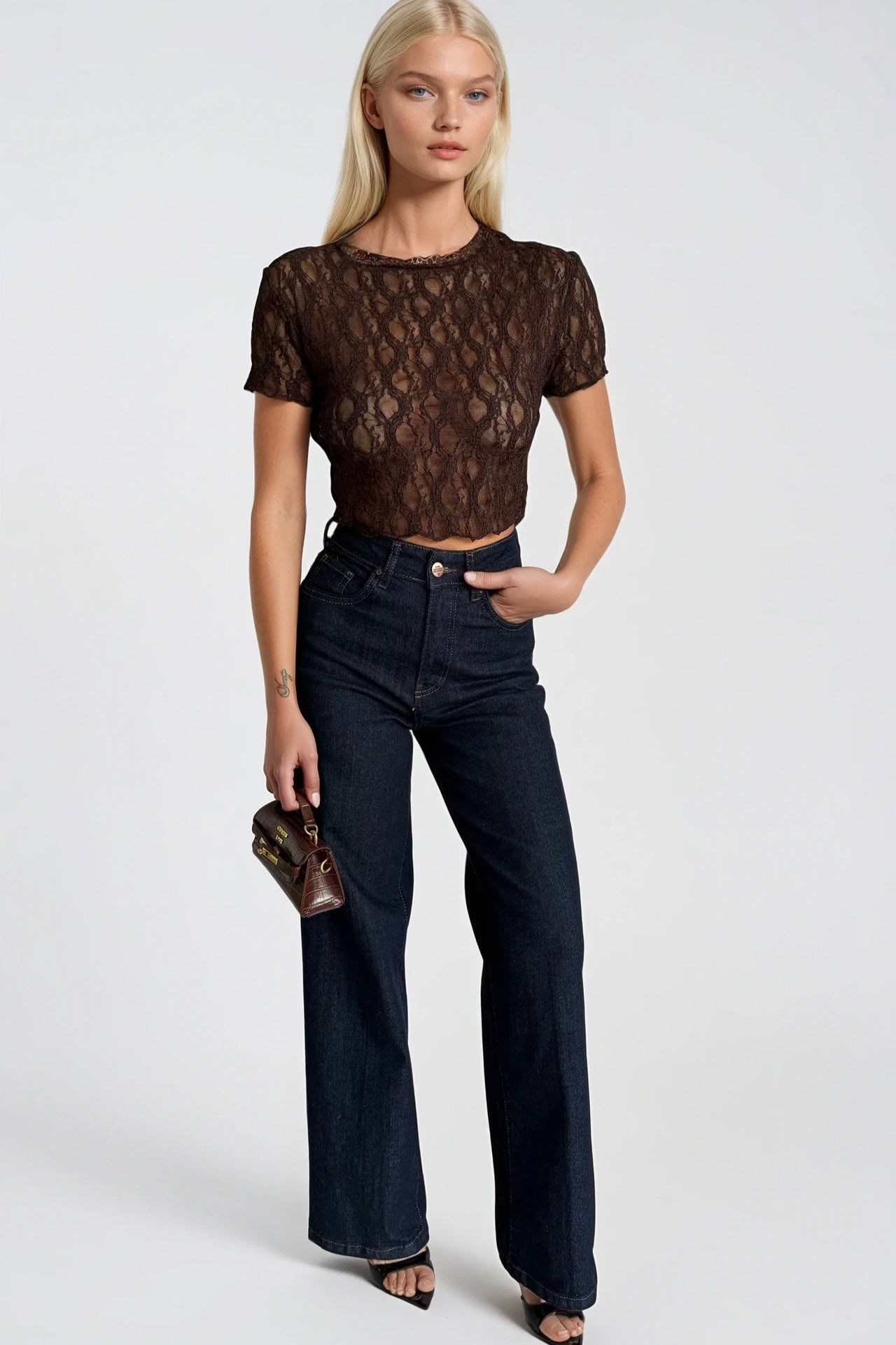 Dantel Detay Transparan Kahverengi Crop Bluz