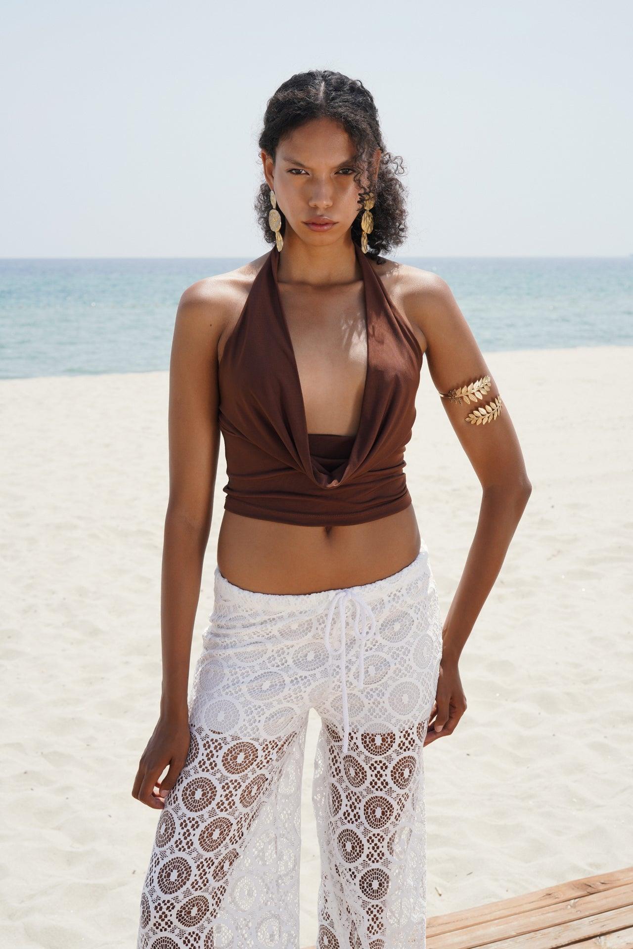 Degaje Yaka Crop Kahverengi Bluz