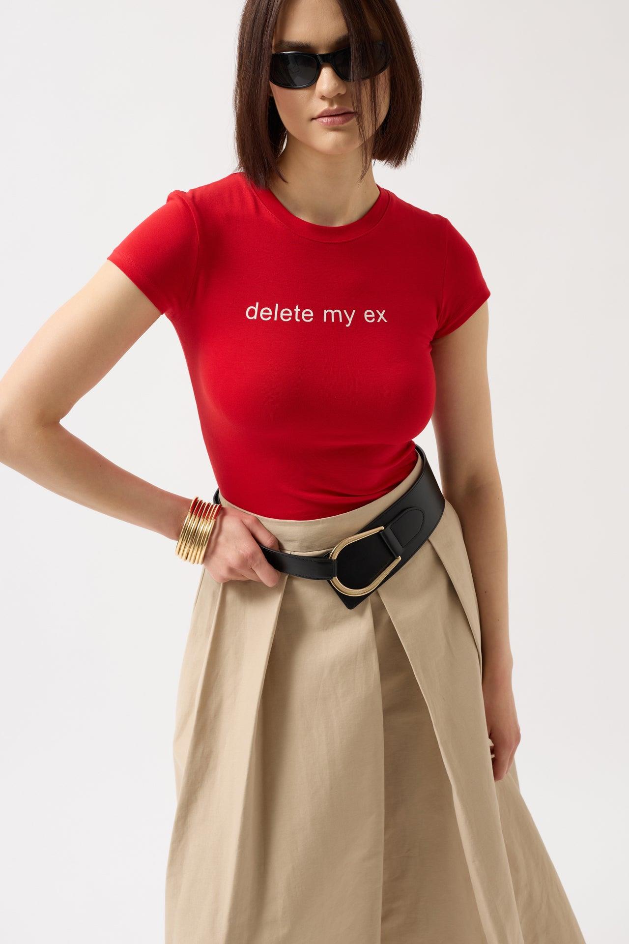 Delete My Ex Baskılı Likralı Crop Kırmızı T-Shirt