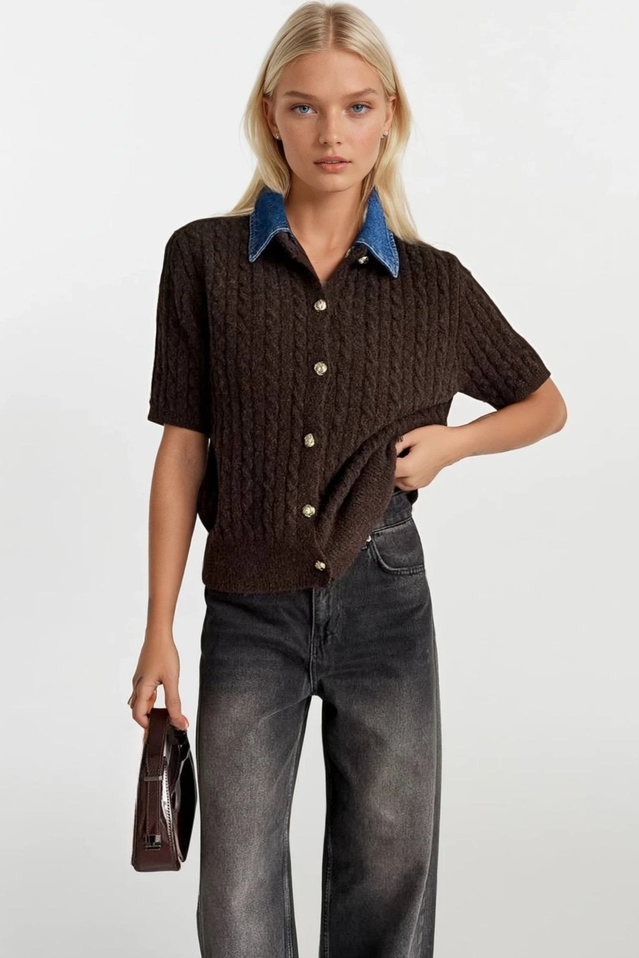 Denim Yaka Gold Düğmeli Yarım Kol Kahverengi Triko Bluz