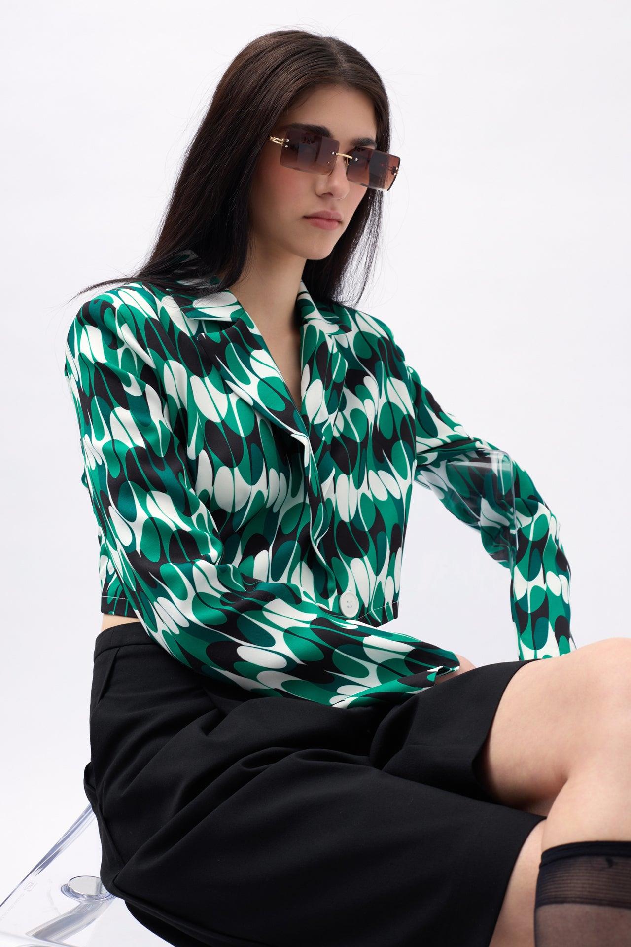 Desenli Yeşil Crop Ceket