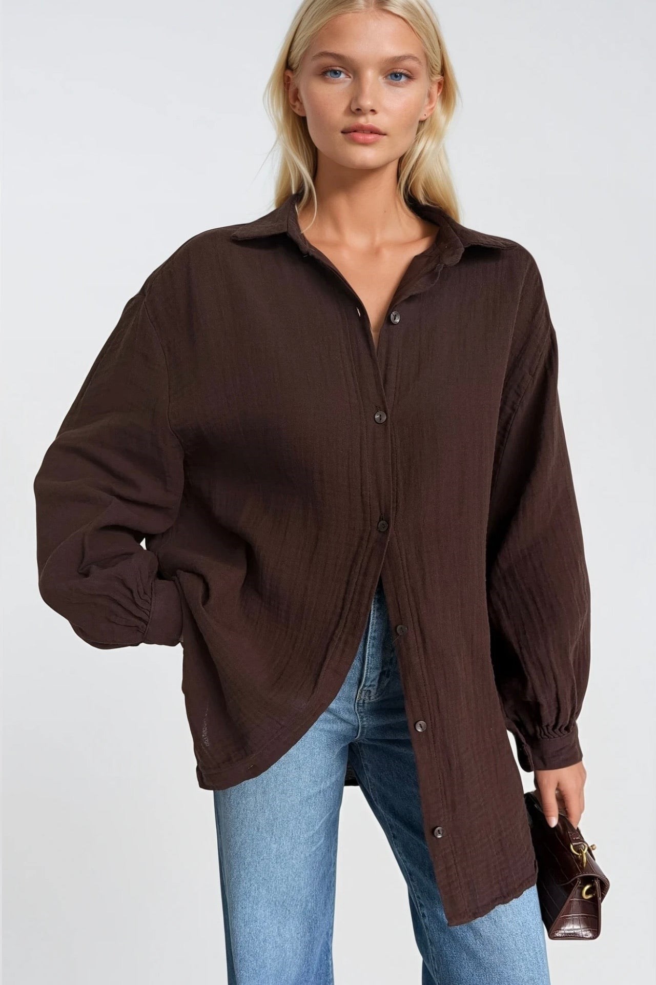 Dokulu Kahverengi Oversize Gömlek