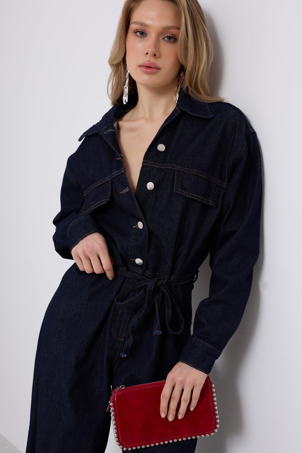 Düğme Detaylı Denim Lacivert Tulum