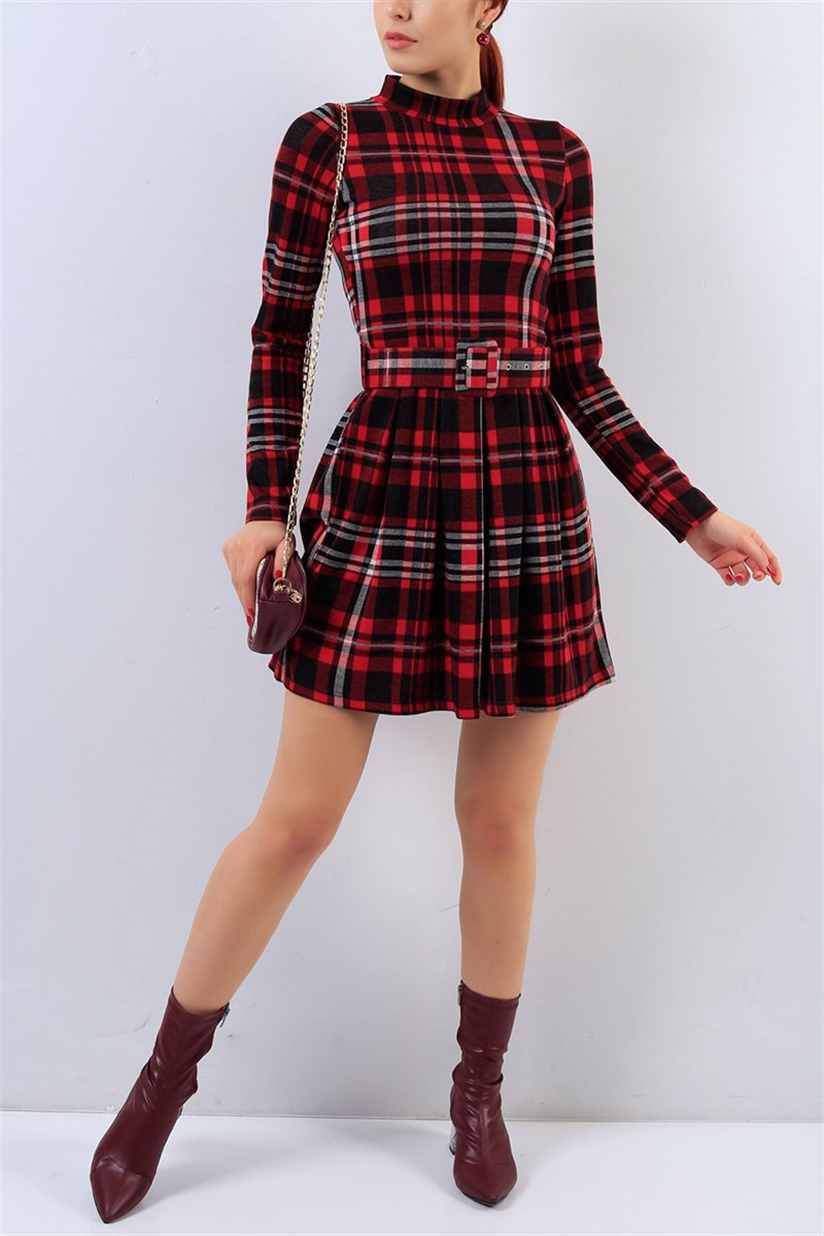 EKOSE DESENLİ KEMER DETAYLI GÜNLÜK ELBİSE EKOSE MİNİ ELBİSE UZUN KOLLU GÜNLÜK ELBİSE RED DAY DRESS MD-18886