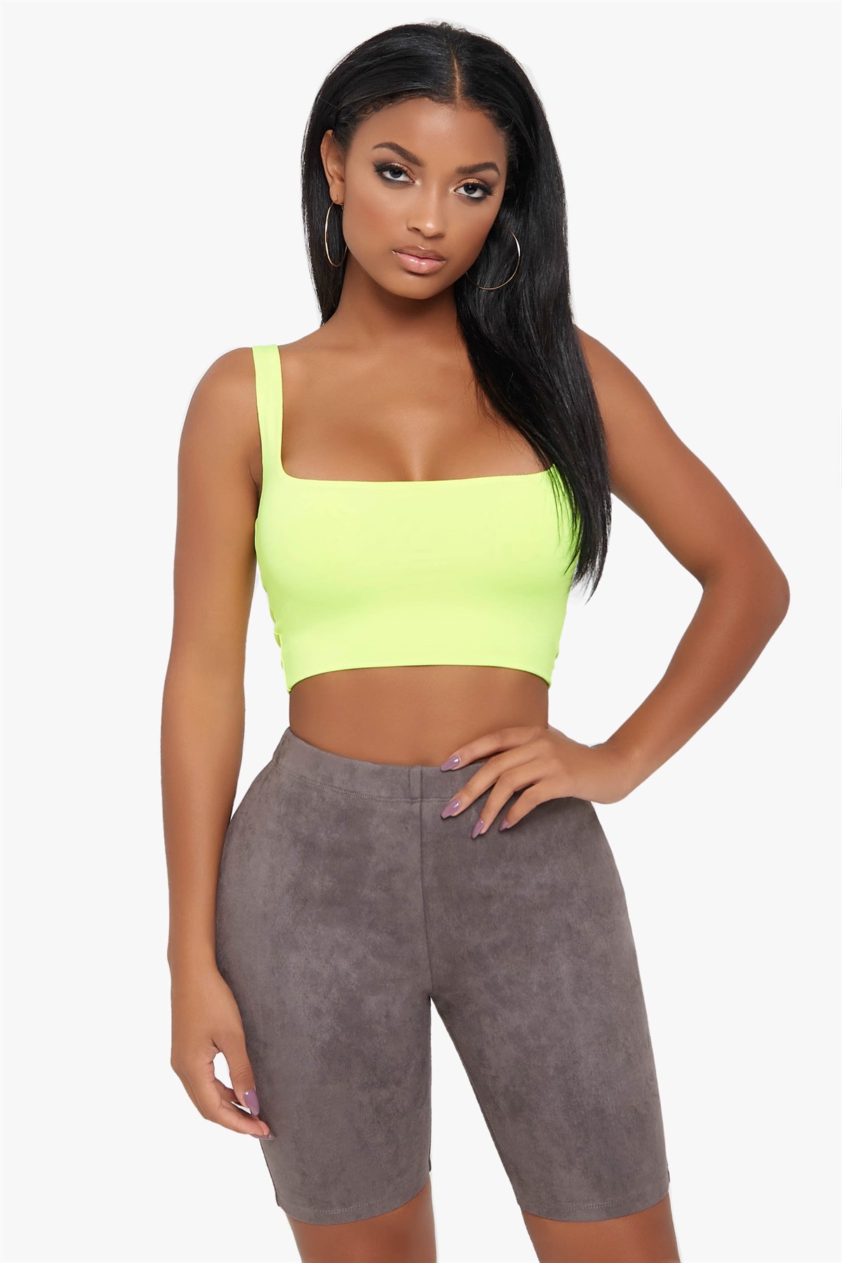ESNEK DALGIÇ KUMAŞ KARE YAKA ASKILI NEON YEŞİL BÜSTİYER NEON GREEN TOP DNM-487-neonyeşil