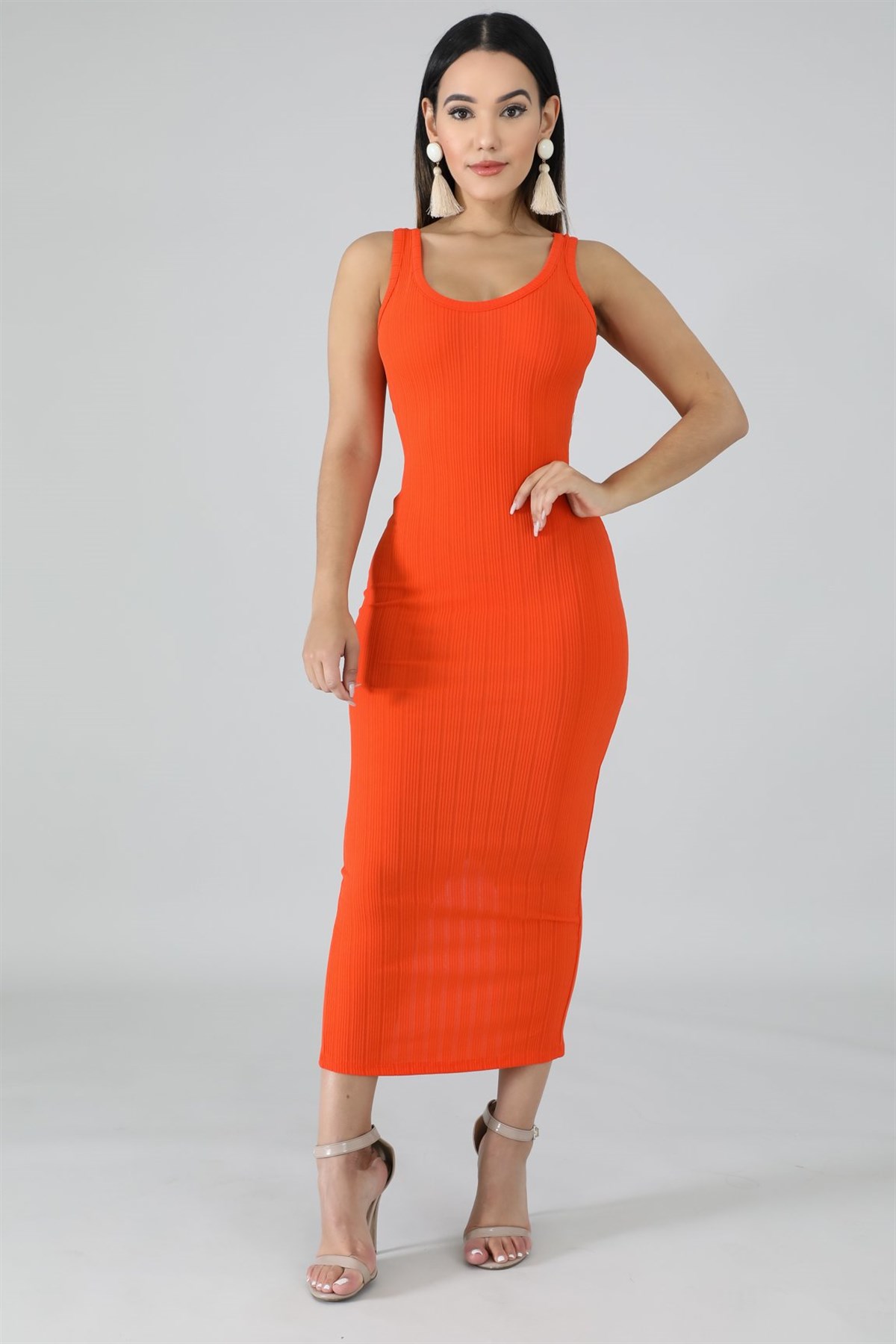 ESNEK DALGIÇ KUMAŞ KOLSUZ NEON TURUNCU GÜNLÜK ELBİSE NEON ORANGE DAY DRESS DNM-528-neonturuncu