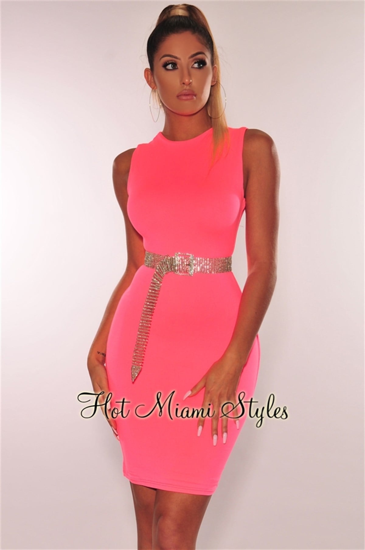 ESNEK DALGIÇ KUMAŞ NEON PEMBE MİNİ ELBİSE NEON PINK MINI DRESS CLUBWEAR DNM-497-neonpembe