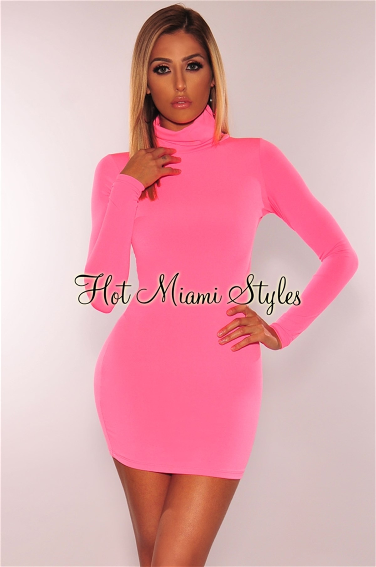 ESNEK DALGIÇ KUMAŞ NEON PEMBE UZUN KOLLU MİNİ ELBİSE NEON PINK MINI DRESS DNM-268-11