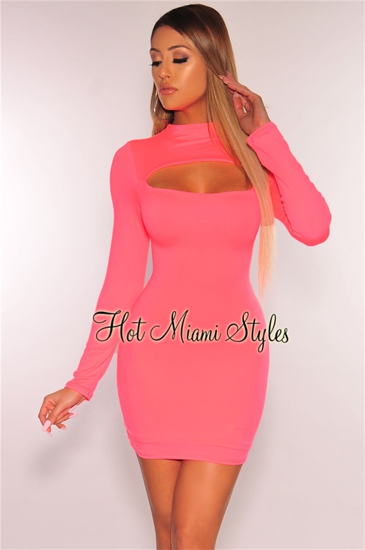 ESNEK DALGIÇ KUMAŞ NEON PEMBE UZUN KOLLU MİNİ ELBİSE NEON PINK MINI DRESS DNM-495-neonpembe