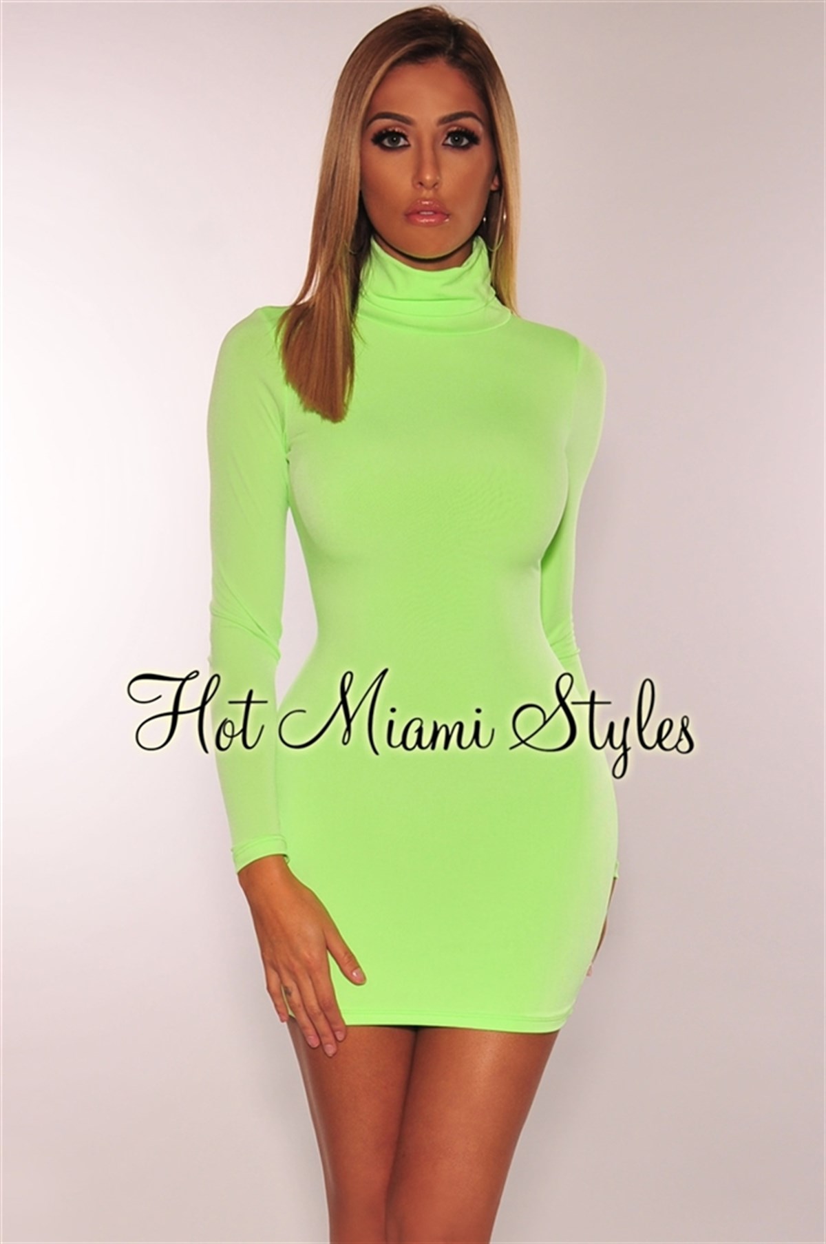 ESNEK DALGIÇ KUMAŞ NEON YEŞİL UZUN KOLLU MİNİ ELBİSE NEON GREEN MINI DRESS DNM-268-12