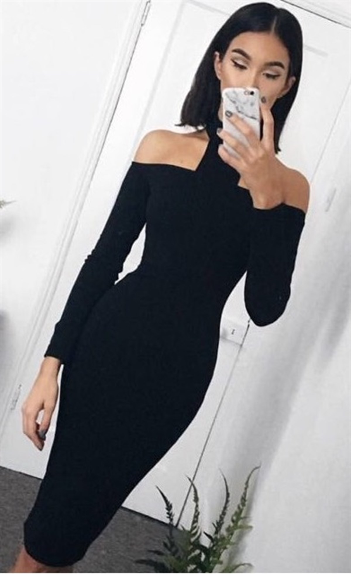 ESNEK DALGIÇ KUMAŞ OMUZ DEKOLTELİ KALEM ELBİSE MSCX-164