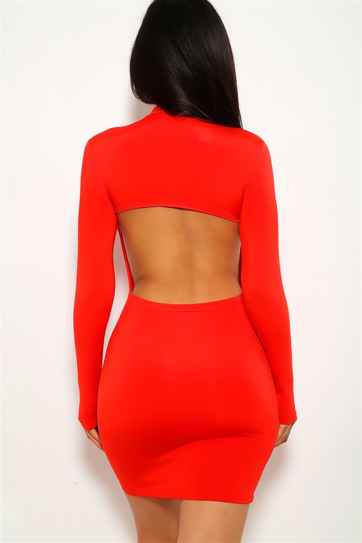ESNEK DALGIÇ KUMAŞ SIRT DEKOLTELİ DETAYLI UZUN KOLLU KIRMIZI MİNİ ELBİSE KIRMIZI SEKSİ MİNİ ELBİSE RED MINI DRESS DNM-563-KIRMIZI