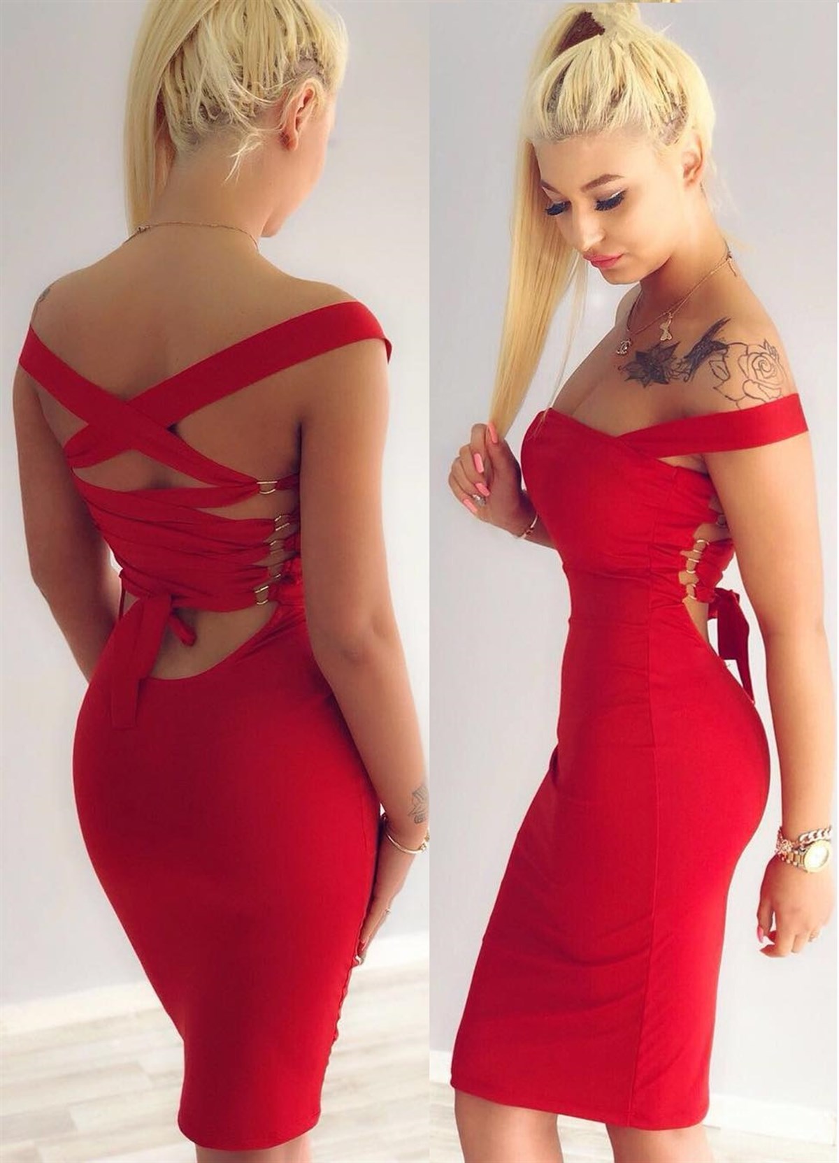 ESNEK DALGIÇ KUMAŞ SIRT DEKOLTELİ DİZALTI BOY KIRMIZI ELBİSE LP-102-2