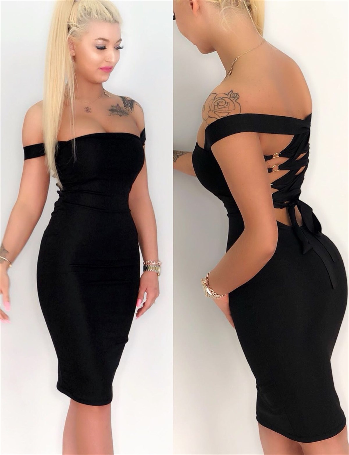 ESNEK DALGIÇ KUMAŞ SIRT DEKOLTELİ DİZALTI BOY SİYAH ELBİSE LP-102-1