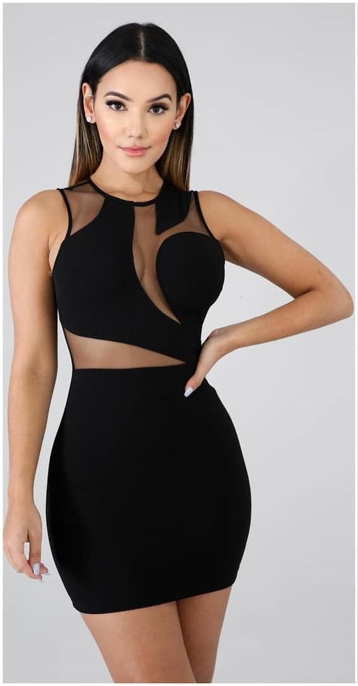 ESNEK DALGIÇ KUMAŞ SIRT DEKOLTELİ TRANSPARAN DETAYLI SİYAH MİNİ ELBİSE BLACK CLUBWEAR BLACK MINI DRESS LP-253