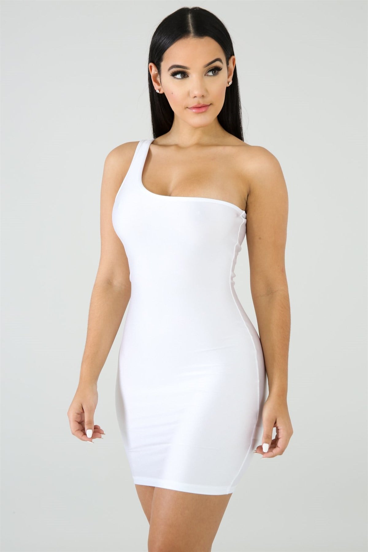 ESNEK DALGIÇ KUMAŞ TEK OMUZ ASKILI BEYAZ MİNİ ELBİSE WHITE MINI DRESS CLUBWEAR DNM-475-2