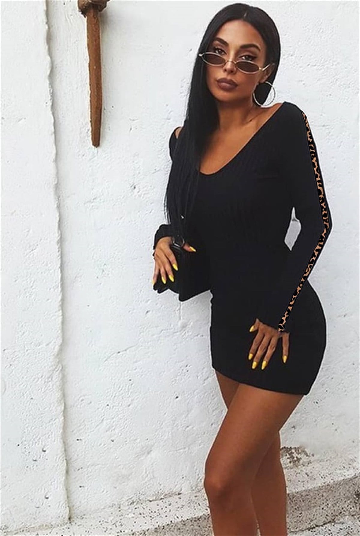ESNEK DALGIÇ KUMAŞ UZUN KOLLU SİYAH MİNİ ELBİSE KOLLARI ŞERET DETAYLI ELBİSE BLACK MINI DRESS DNM-461-4