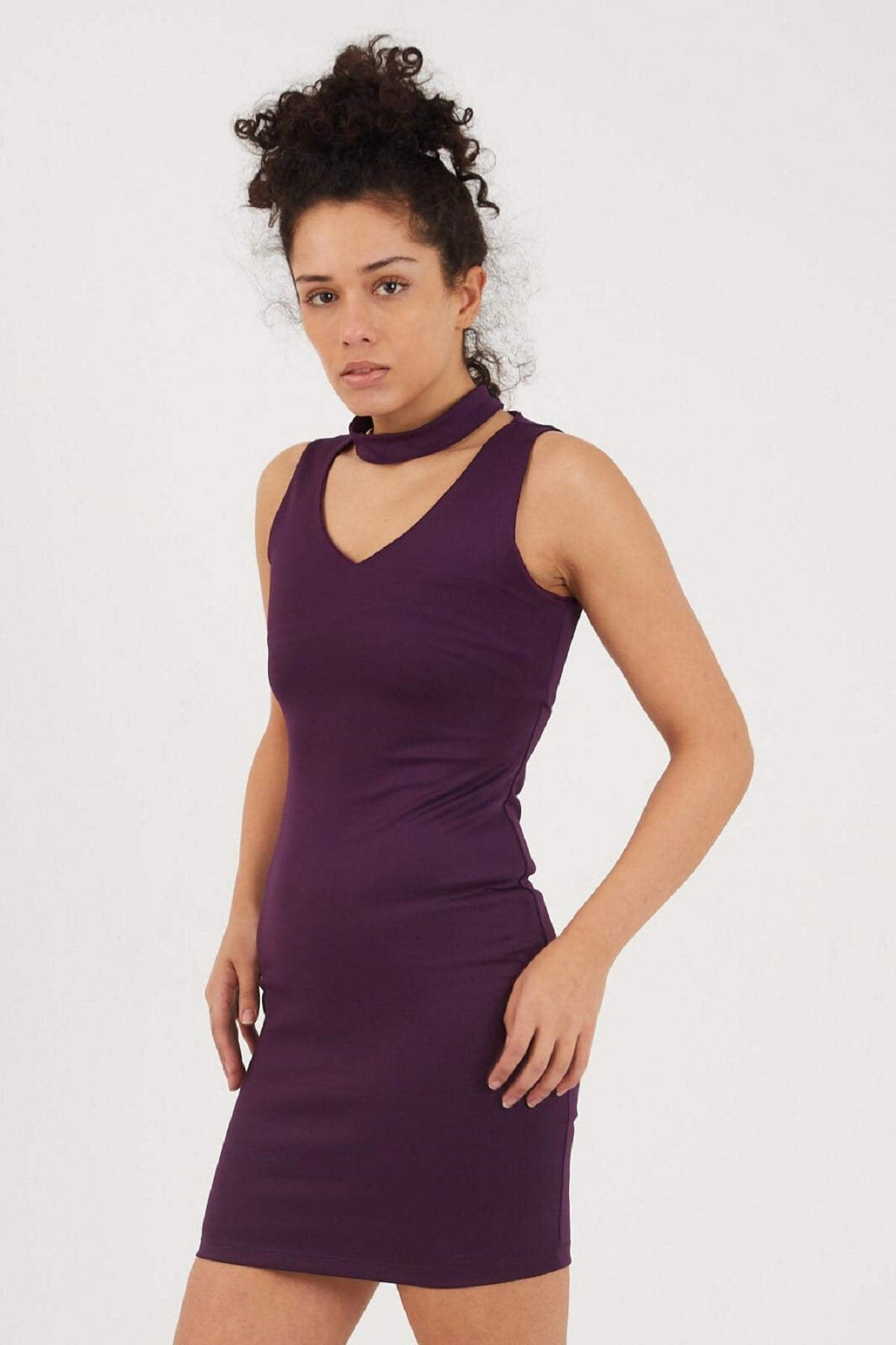 ESNEK DALGIÇ KUMAŞ V YAKA KOLSUZ MOR PURPLE MINI DRESS MİNİ ELBİSE EMR-034-MOR