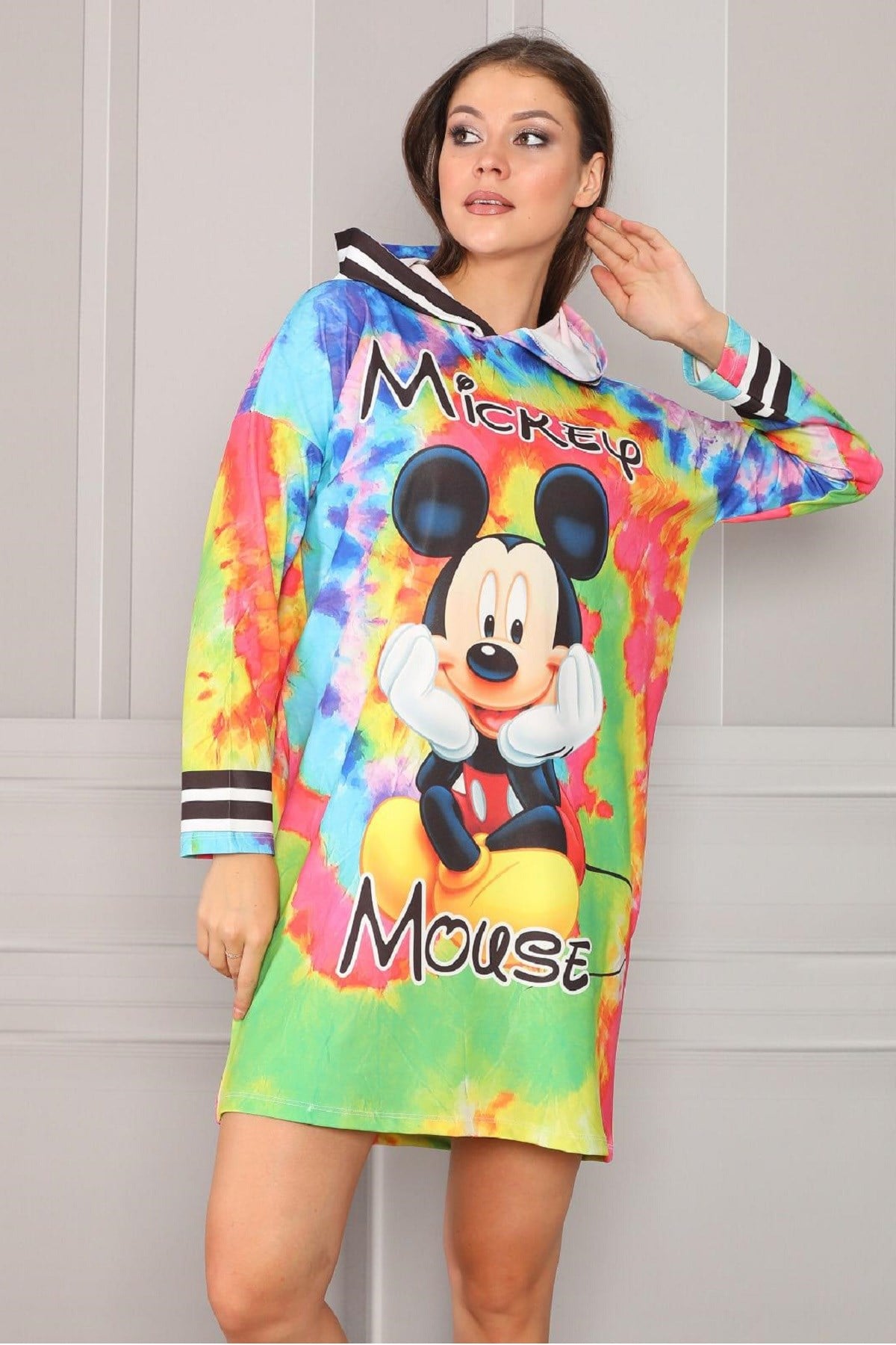 ESNEK DİJİTAL BASKILI UZUN KOLLU KAPİŞON DETAYLI SPOR MİNİ ELBİSE SPOR TUNİK WOMAN SPORTSWEAR TUNIC MINI DRESS ZN-011-3