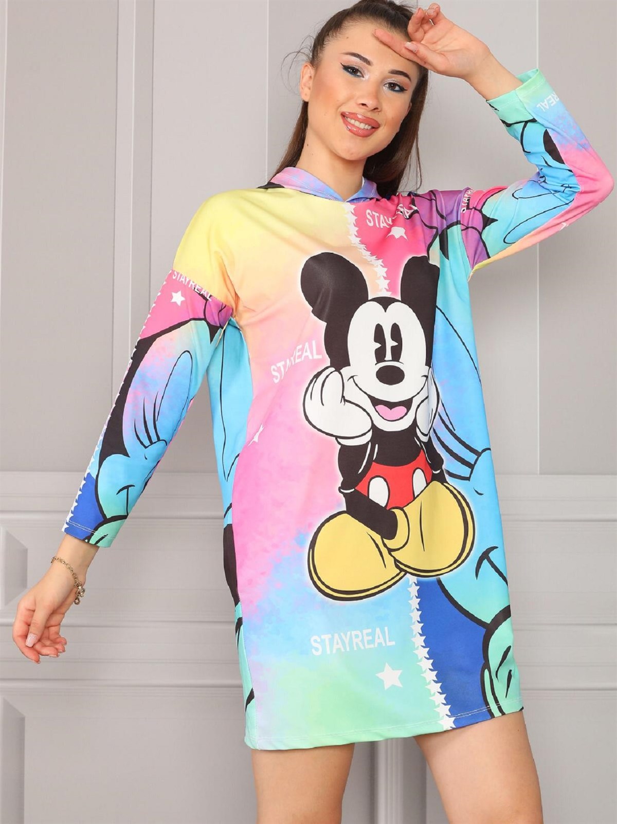 ESNEK DİJİTAL BASKILI UZUN KOLLU KAPİŞON DETAYLI SPOR MİNİ ELBİSE SPOR TUNİK WOMAN SPORTSWEAR TUNIC MINI DRESS ZN-011-1