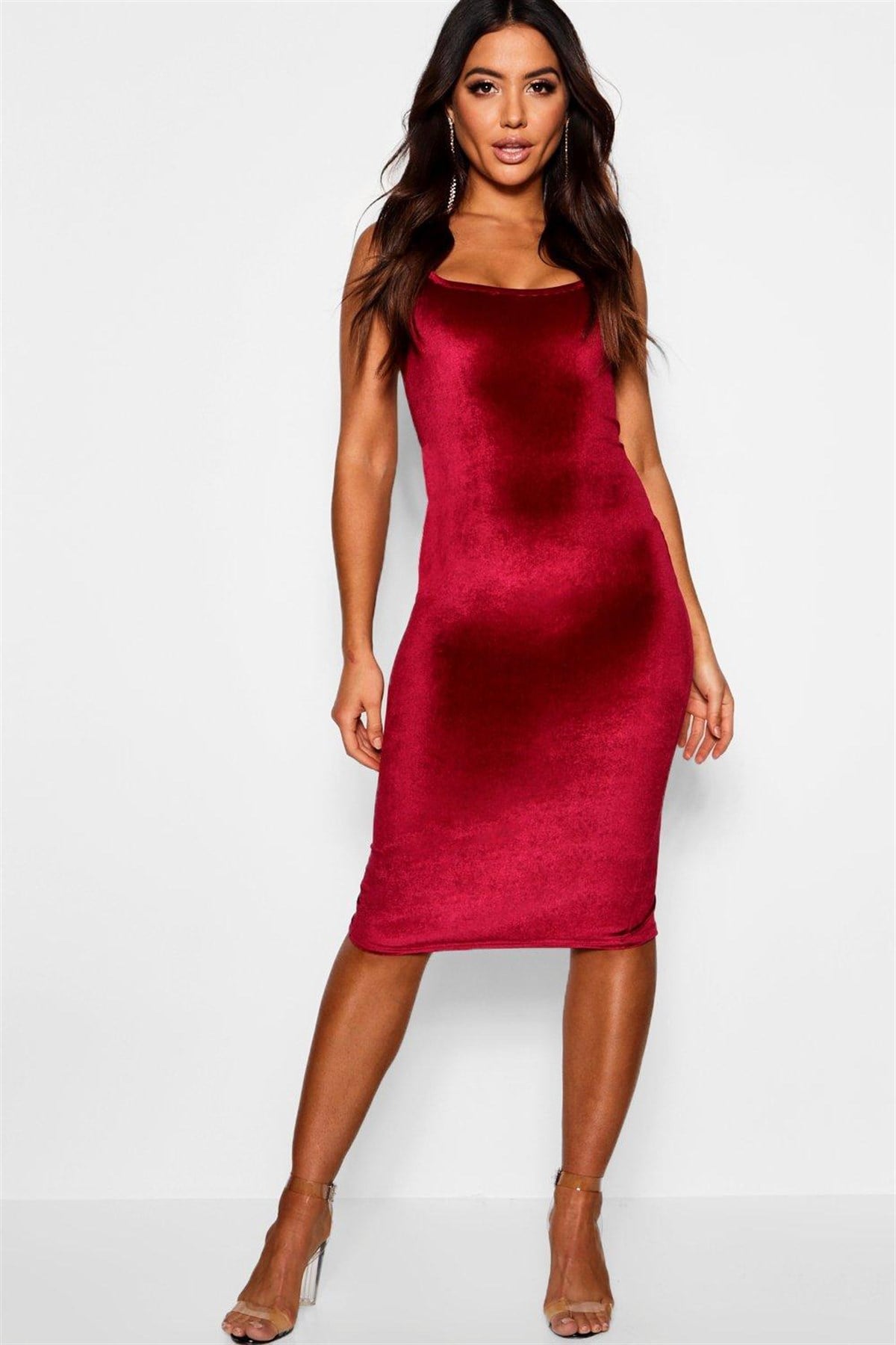 ESNEK KADİFE KUMAŞ ASKILI KIRMIZI KALEM ELBİSE RED VELVET DRESS DNM-456-2
