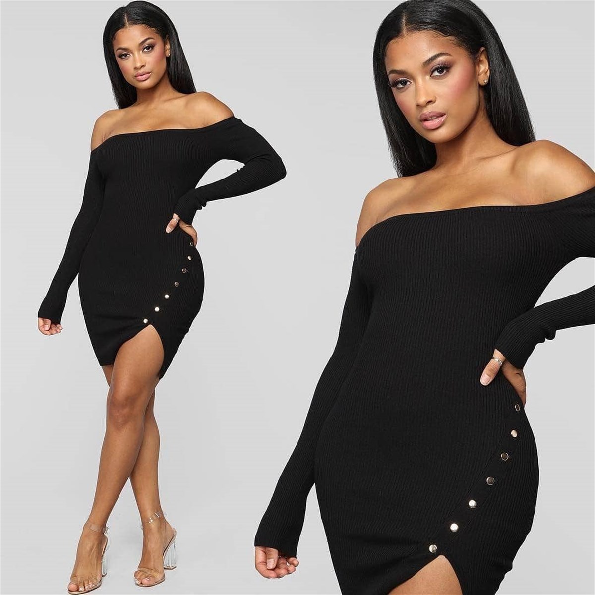 ESNEK KAŞKORSE KUMAŞ STRAPLEZ UZUN KOLLU ÇITÇIT DETAYLI SİYAH MİNİ ELBİSE BLACK MINI DRESSLP-212-1