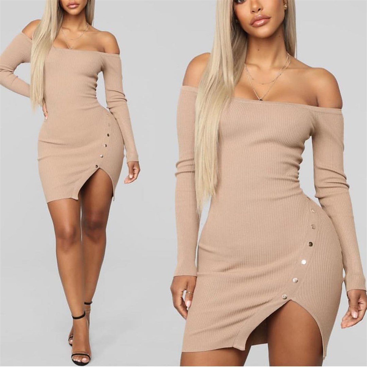 ESNEK KAŞKORSE KUMAŞ STRAPLEZ UZUN KOLLU ÇITÇIT DETAYLI KREM MİNİ ELBİSE BROWN MINI DRESSLP-212-2