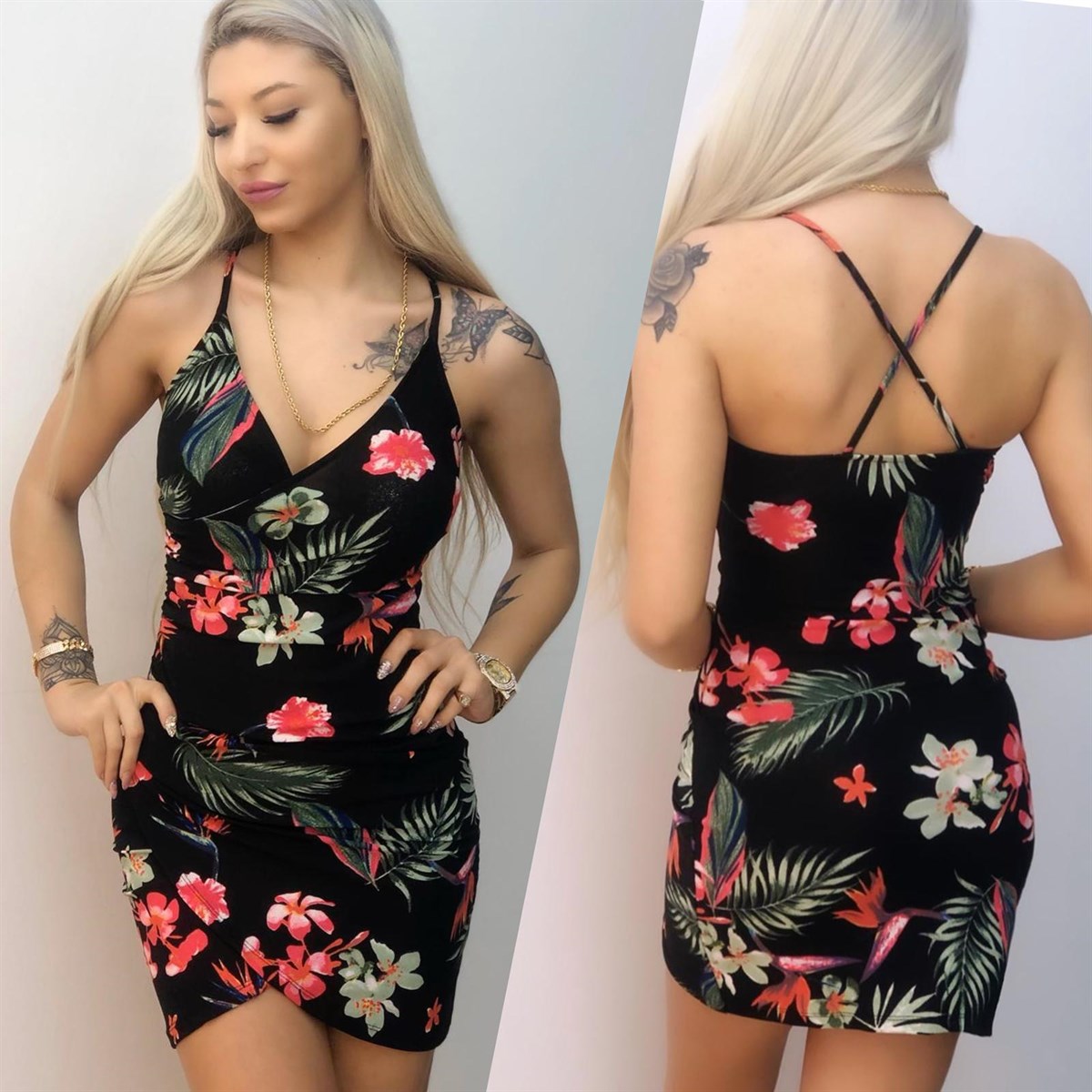 ESNEK KREP KUMAŞ ÇİÇEK DESENLİ ASKILI KRUVAZE DETAYLI MİNİ ELBİSE GÖĞÜS DEKOLTELİ MİNİ ELBİSE ASKILI GECE ELBİSESİ LONG SLEEVE MINI DRESS BLACK PROM DRESS BLACK PARTY DRESS BLACK MINI DRESS LP-304-2