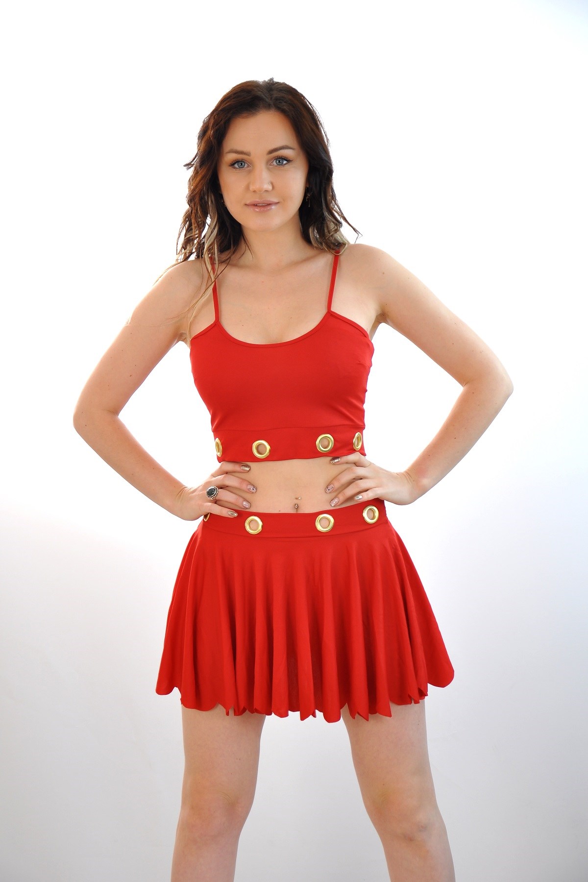 ESNEK KUMAŞ DOLGUSUZ BÜSTİYER VE MİNİ ETEK TAKIM RED TOP AND SKIRT SET RED GOGO COSTUME KY-120-1-kırmızı
