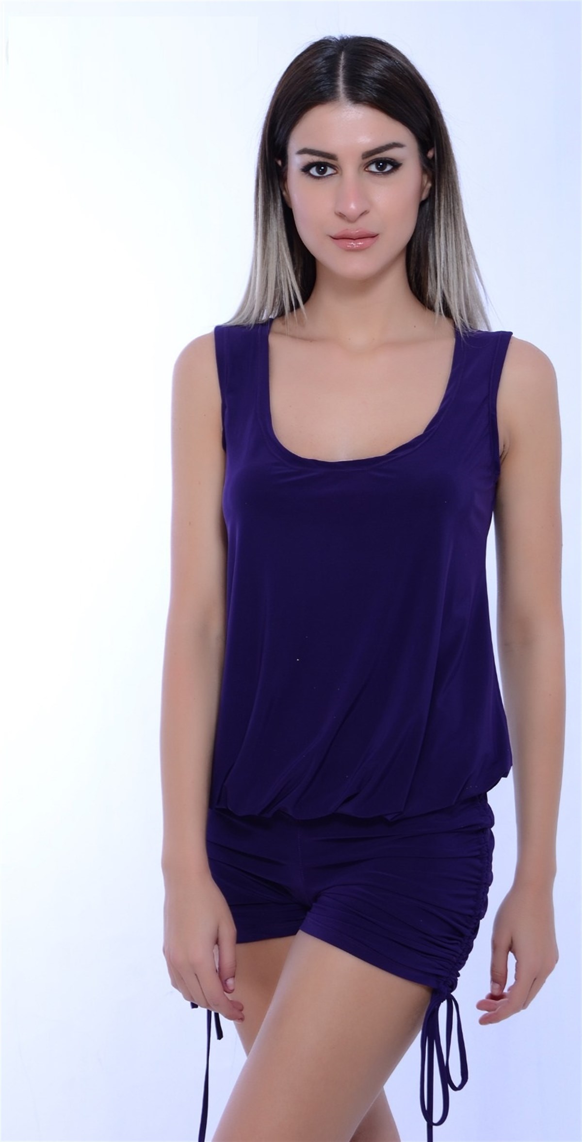 ESNEK KUMAŞ GÖĞÜS DEKOLTELİ TEK PARÇA MOR TULUM DEKOLTE ŞORTLU TULUM SEXY ROMPER JUMPSUIT CLUBWEAR GOGO DRESS KY-082-1