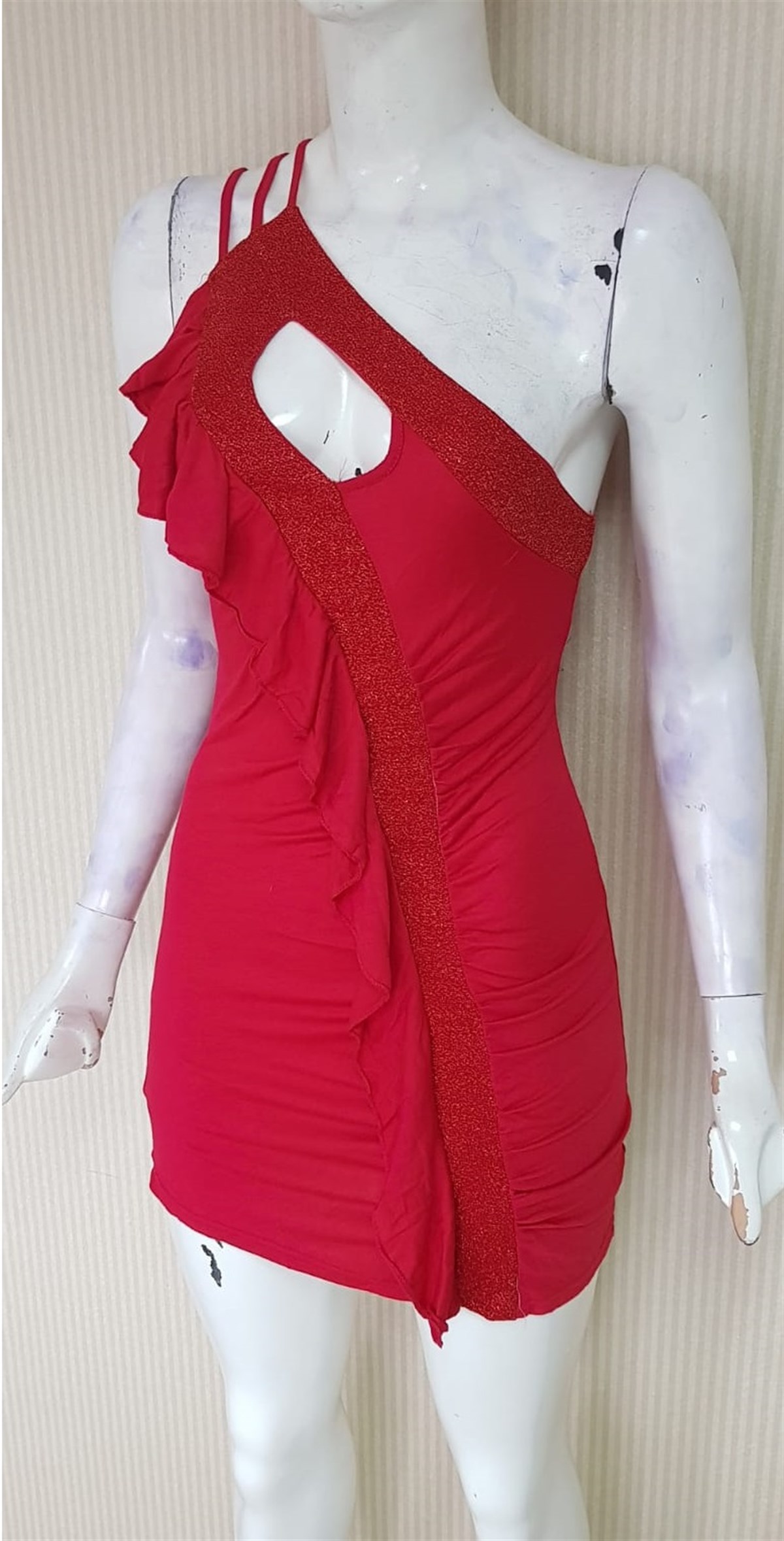 ESNEK KUMAŞ GÖĞÜS DEKOLTEYİ KIRMIZI MİNİ ELBİSE CLUBWEAR ASİA-015-2