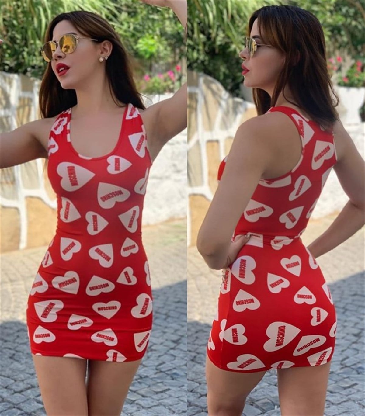 ESNEK KUMAŞ MOSCHINO BASKILI GÖĞÜS DEKOLTELİ MİNİ ELBİSE KIRMIZI GECE ELBİSESİ CLUBWEAR RED MINI DRESS KY-077-1