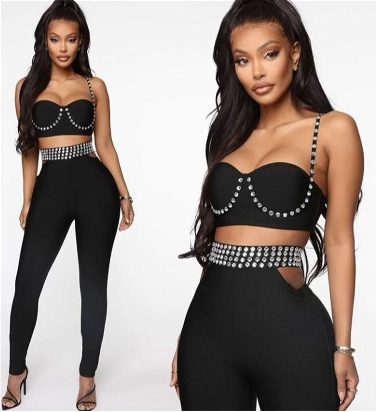 ESNEK KUMAŞ PARLAK TAŞ DETAYLI GÖĞÜS DEKOLTELİ BÜSTİYER VE TAYT TAKIM SİYAH TAYT VE BÜSTİYER TAKIM BLACK TOP AND LEGGING SET LP-303