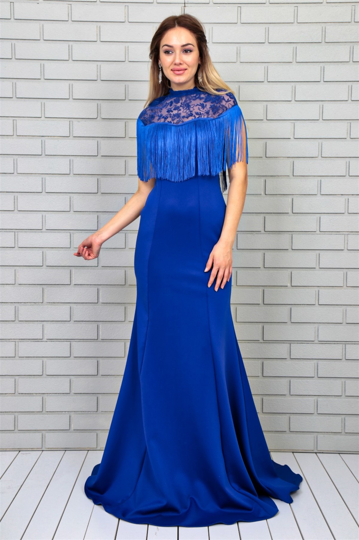 ESNEK KUMAŞ PÜSKÜL DETAYLI UZUN MAVİ ABİYE ELBİSE BLUE PROM DRESS BLUE EVENING DRESS ART-FVR-321-4