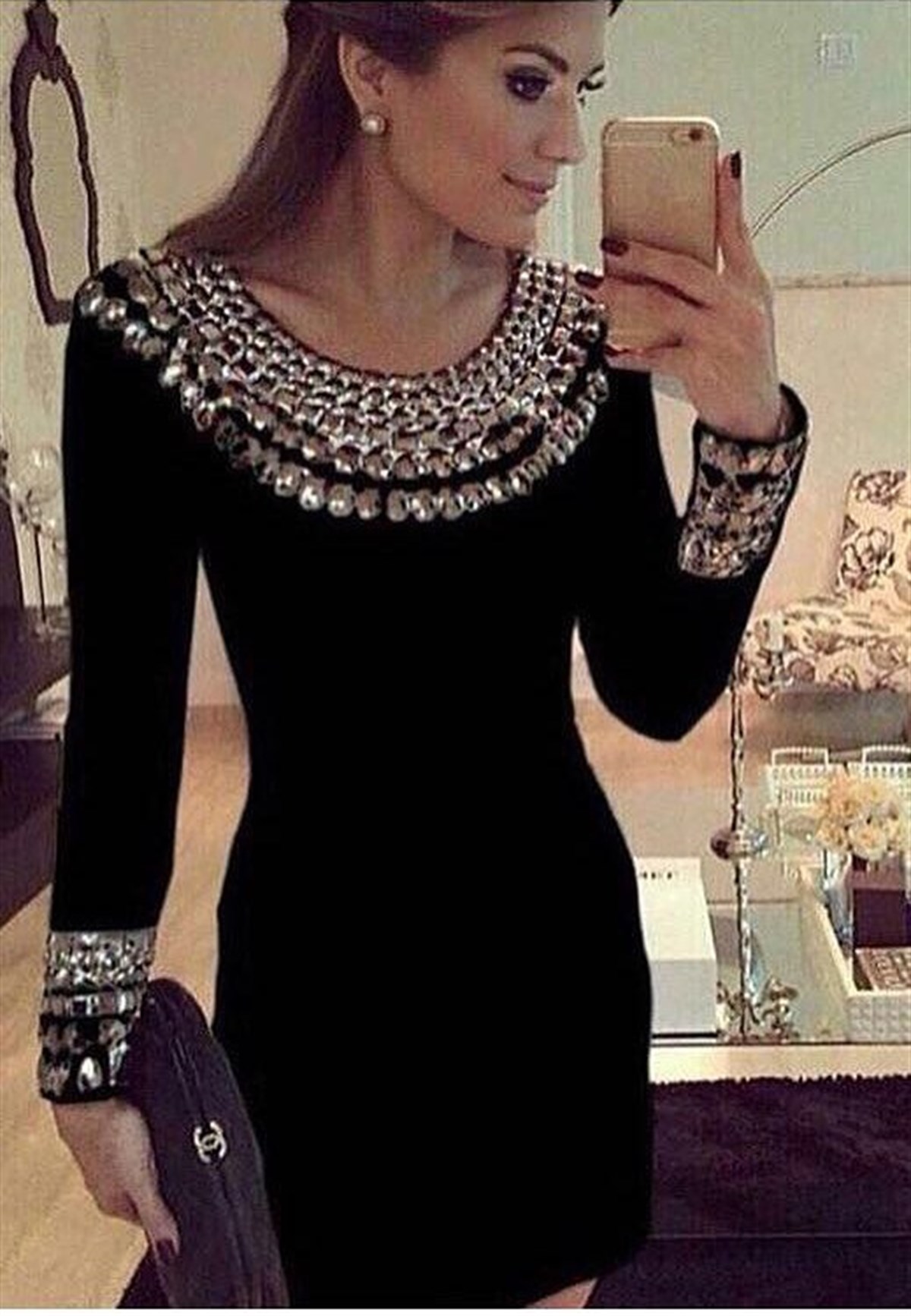 ESNEK KUMAŞ UZUN KOLLU BONCUK DETAYLI MİNİ ELBİSE YENİ SEZON SİYAH ELBİSE BLACK DRESS NEW ARRIVAL FM-034