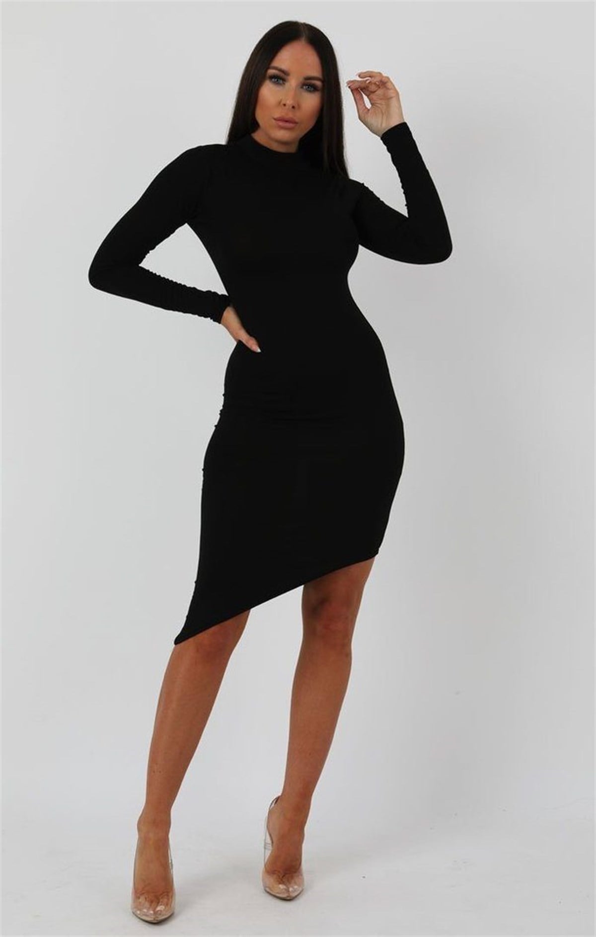 ESNEK SANDY KUMAŞ ASİMETRİK KESİM UZUN KOLLU SİYAH MİNİ ELBİSE BLACK MINI DRESS DNM-508-1
