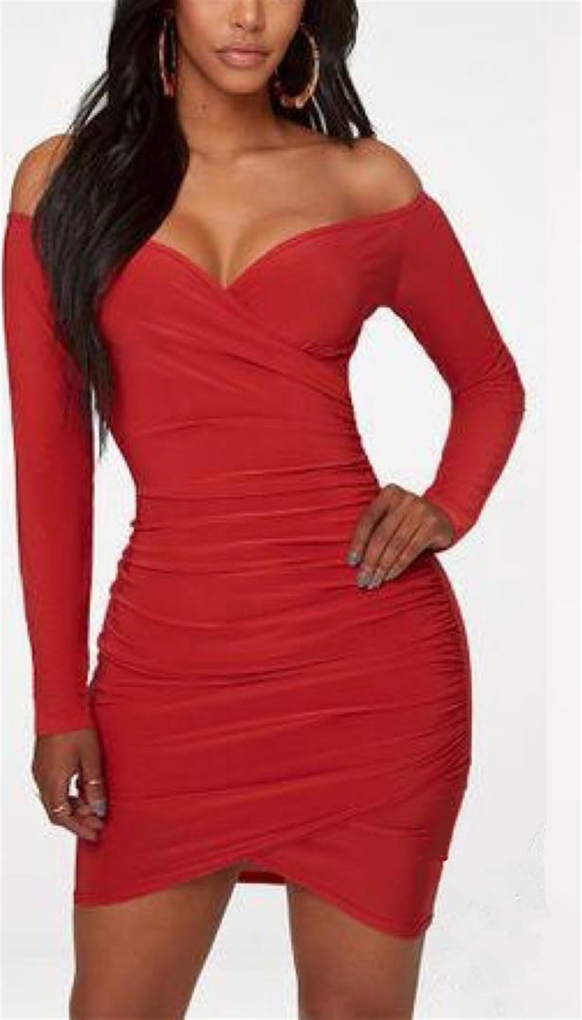 ESNEK SANDY KUMAŞ GÖĞÜS DEKOLTELİ KRUVAZE DETAYLI UZUN KOLLU KIRMIZI MİNİ GECE ELBİSESİ RED MINI DRESS LP-210-3