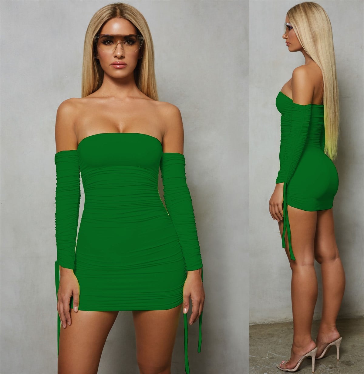 ESNEK SANDY KUMAŞ KOLLARI BAĞCIK DETAYLI UZUN KOLLU STRAPLEZ YEŞİL MİNİ ELBİSE GREEN MINI DRESS DNM-478-10