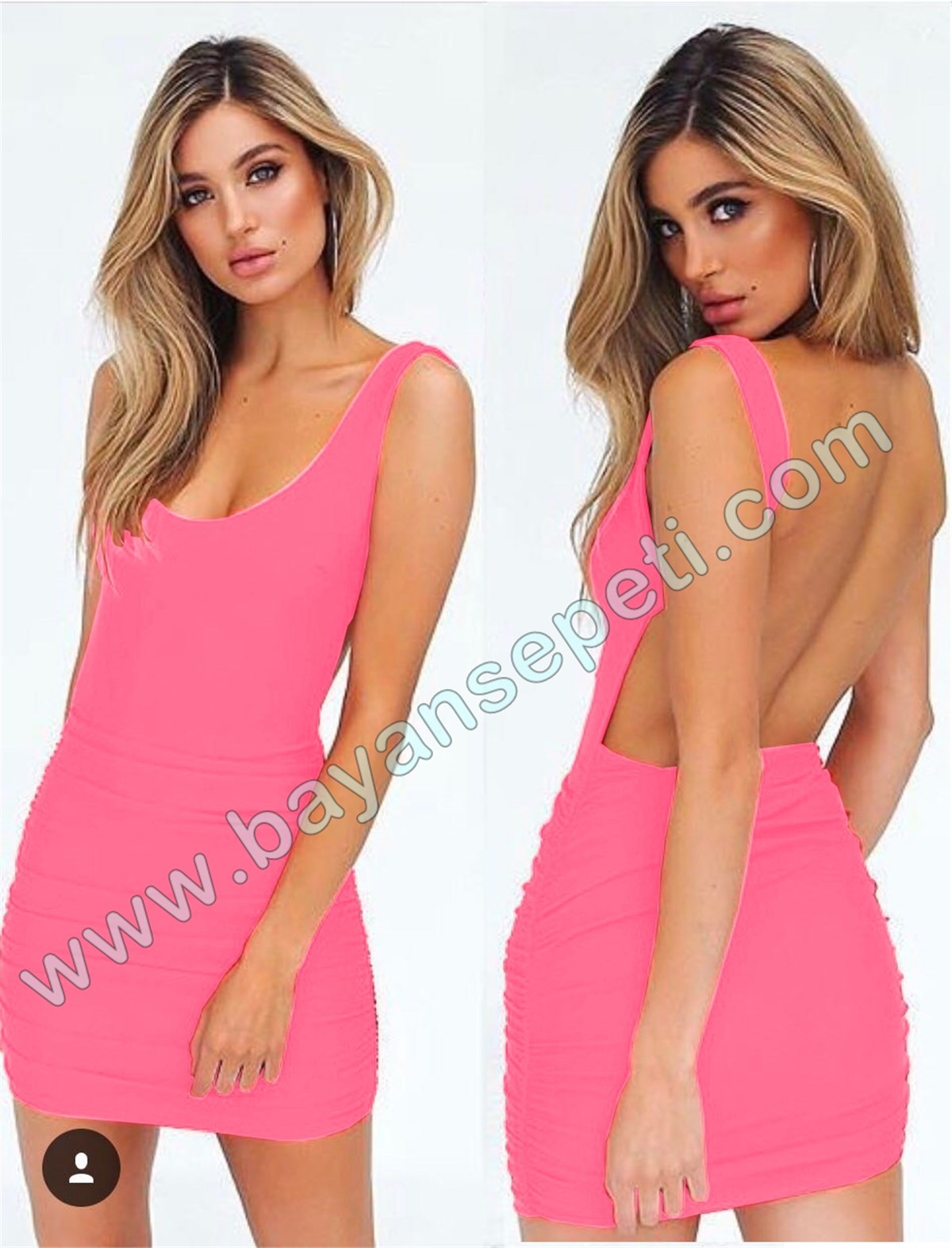 ESNEK SANDY KUMAŞ SIRT DEKOLTELİ NEON PEMBE MİNİ ELBİSE DNM-283-11