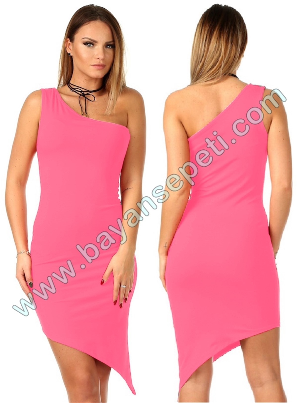 ESNEK SANDY KUMAŞ TEK OMUZ NEON PEMBE MİNİ ELBİSE DNM-327-11