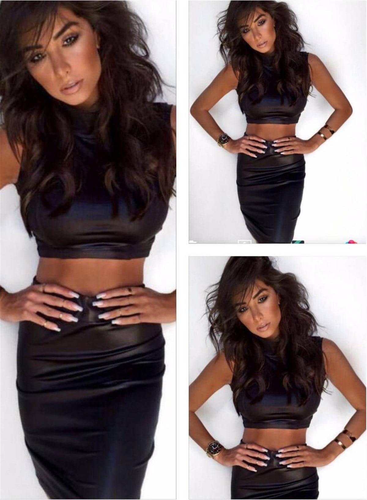 ESNEK SUNİ DERİ KUMAŞ BÜSTİYER VE ETEK TAKIM BLACK SKIRT AND TOP SET MSCX-132