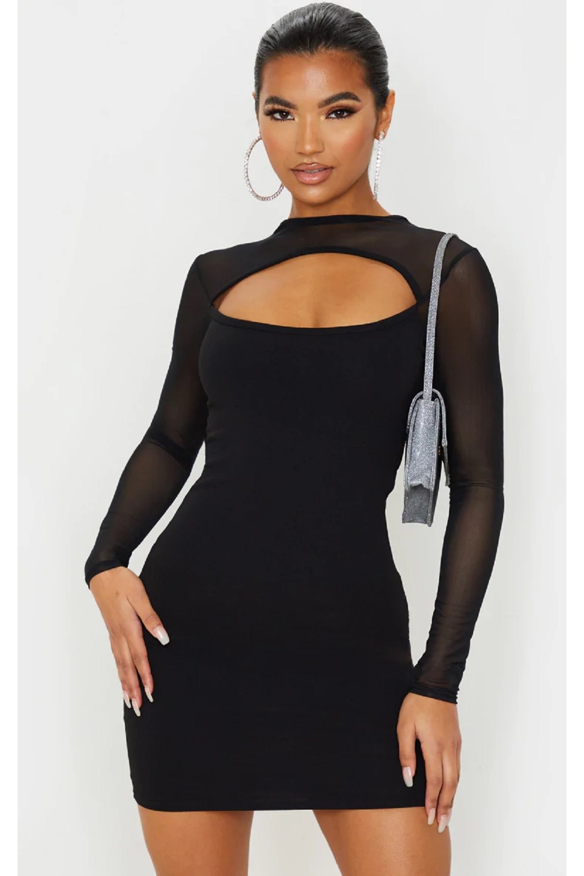 ESNEK TRANSPARAN TÜL DETAYLI UZUN KOLLU SİYAH MİNİ ELBİSE TRANSPARENT BLACK MINI DRESS LP-313-SİYAH