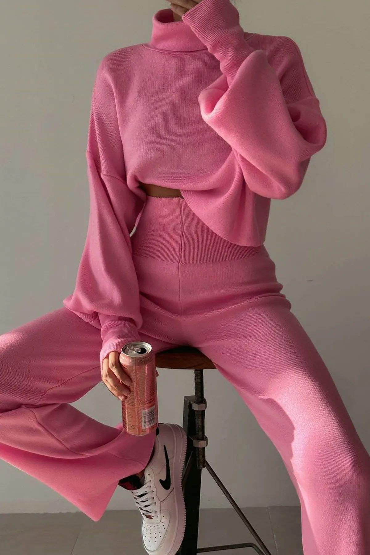 ESNEK TRİKO KUMAŞ EL GEÇMELİ MAVİ UZUN KOLLU ÜST VE YÜKSEK BEL PANTOLON İKİLİ TAKIM SD-015-PEMBE