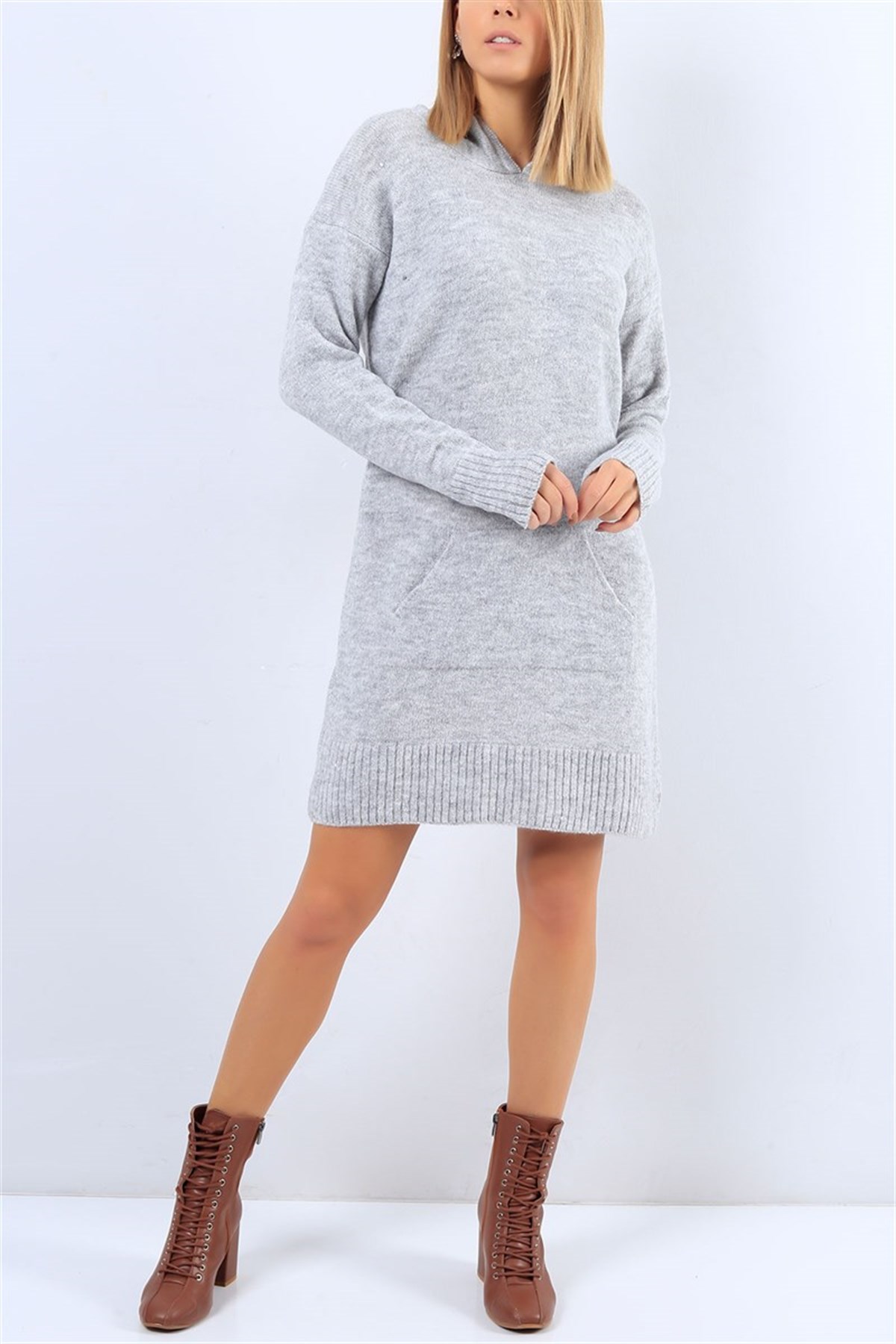 ESNEK TRİKO KUMAŞ GRİ TUNİK MİNİ ELBİSE GRİ TRİKO MİNİ ELBİSE GÜNLÜK GRİ ELBİSE KNITTED GREY DRESS MD-20784B