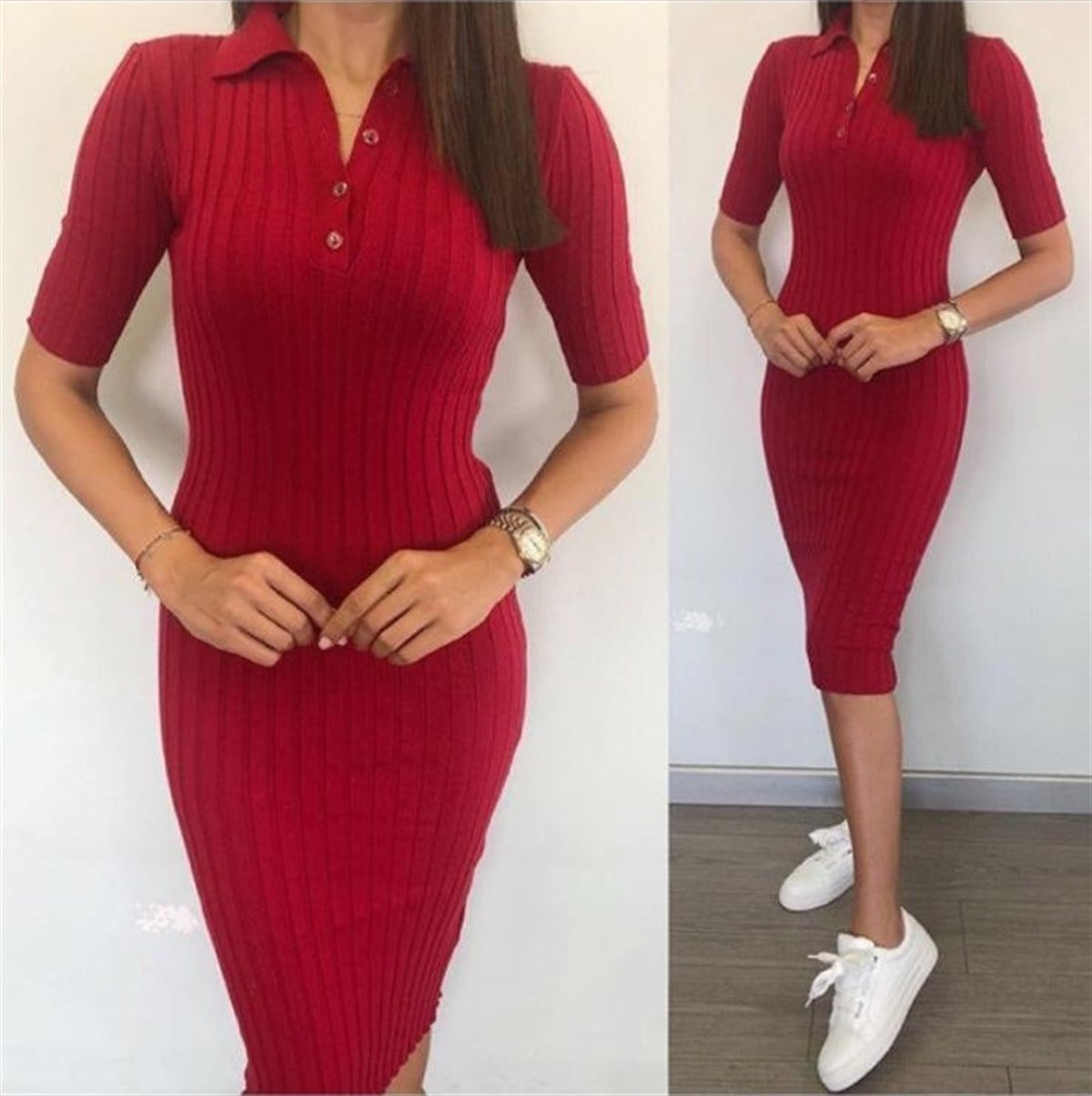 ESNEK TRİKO KUMAŞ KISA KOLLU GÜNLÜK ELBİSE ESP-012