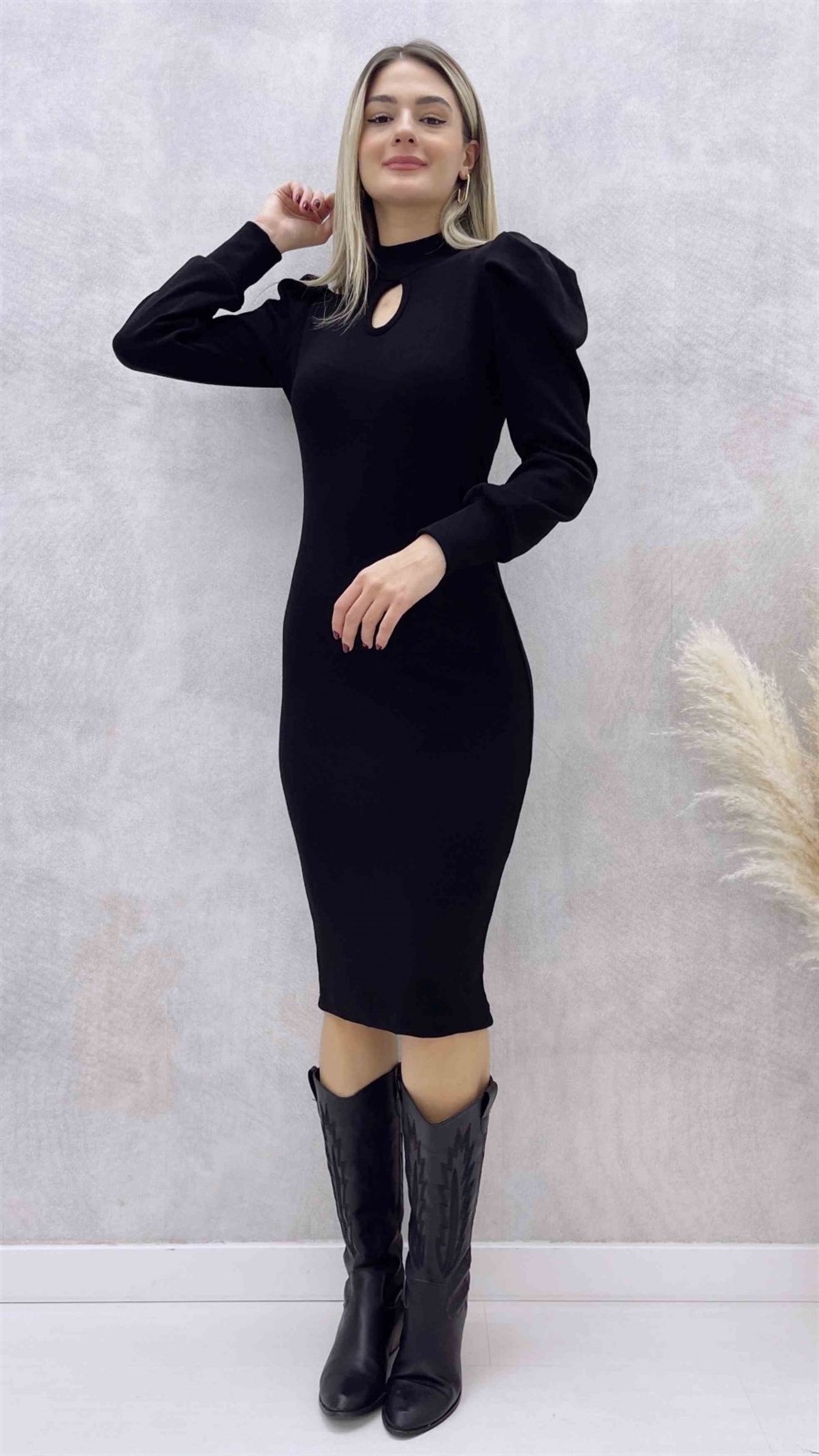 ESNEK TRİKO KUMAŞ OMUZ DETAYLI SİYAH ELBİSE GÜNLÜK BLACK DAY DRESS DKS-015-SİYAH